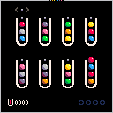 Orbsort gameplay. There are eight capsules containing eight different colors of orbs. Nothing is sorted.
