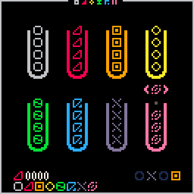 Orbsort gameplay. The different colors are distinct shapes. All of the capsules are sorted.